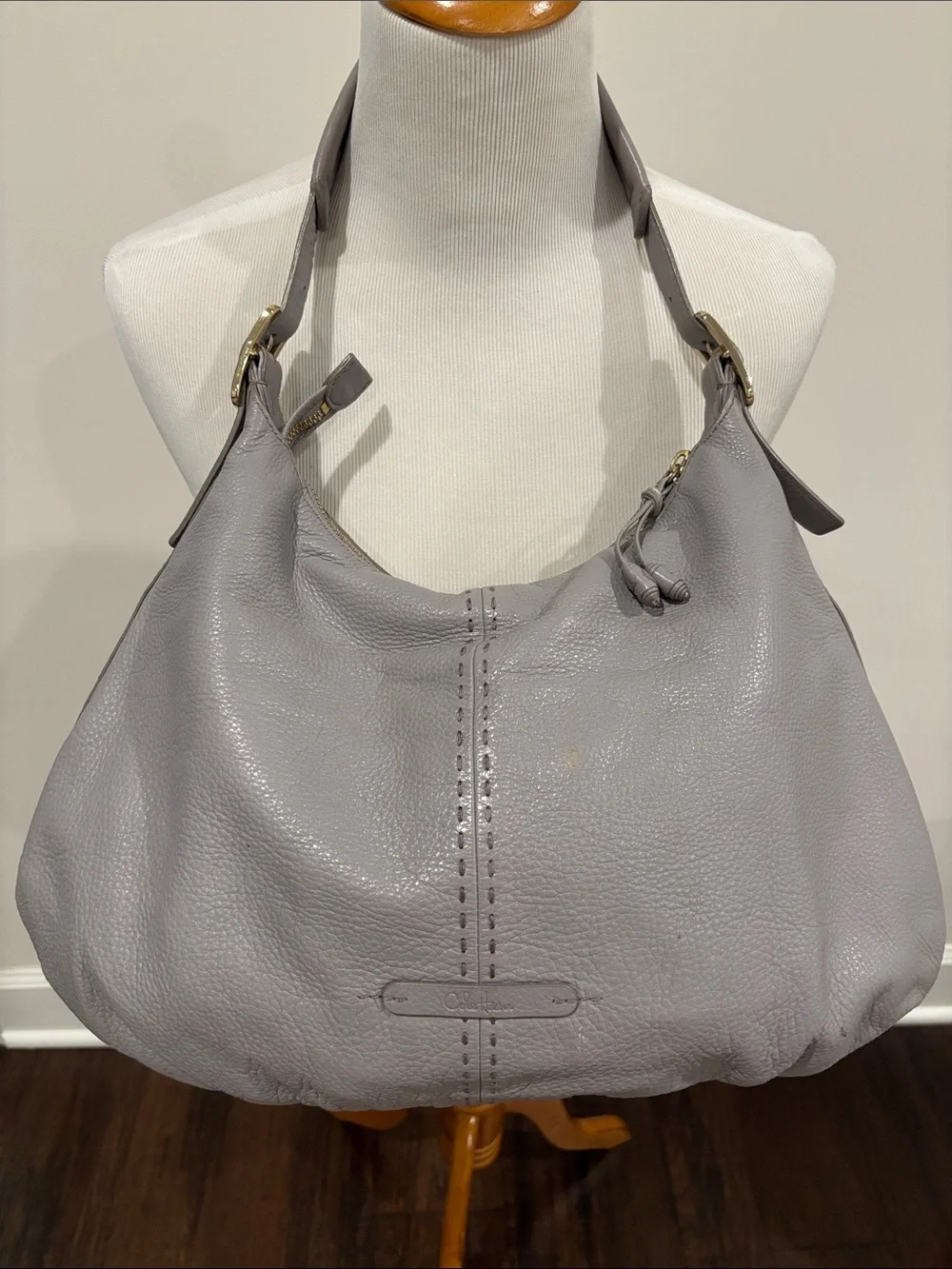 Cole Haan Light Gray Pebbled Leather Shoulder Hobo with Buckle Front Pockets